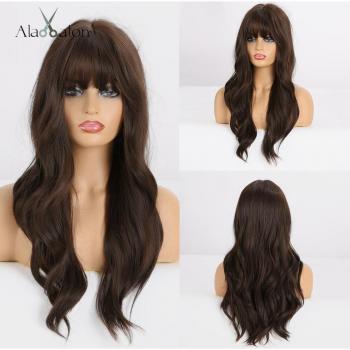 ALAN EATON Long Wave Wavy Synthetic Wig with Full Bangs in Ombre Black Brown, Heat Resistant