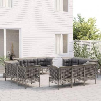 Canapé de patio gris résine tressée, set 12 pièces avec coussins