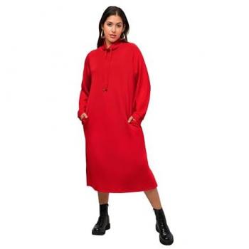 Ulla Popken Sweat-Midikleid für Damen, rot, Größe 50/52, mit Stehkragen und Taschen