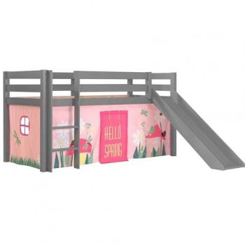 Lit mezzanine Pino en pin massif gris avec toboggan et ensemble textile Printemps (Fabriqué en Europe)
