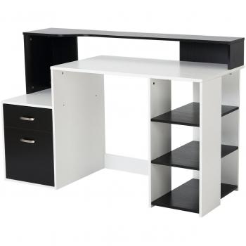 HOMCOM Wooden Computer Desk PC Table Modern Home Office Writing Workstation Furniture Printer Shelf Rack with Storage Drawer & Shelves (Black and White)
