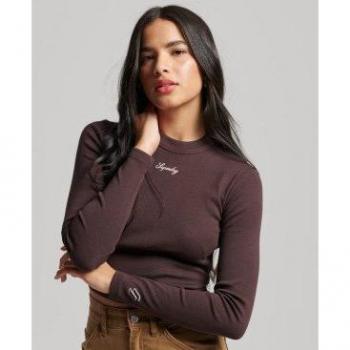 Superdry Femme Chemisier Court Côtelé à Manches Longues Marron – Taille 34