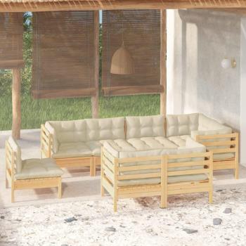 Salon de jardin en bois de pin massif 8 pcs avec coussins crème