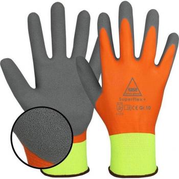 Hase SuperFlex+ Neon‑Gelb/Orange/Grau, Größe 8 – latex‑beschichtet, 10 Paare pro
