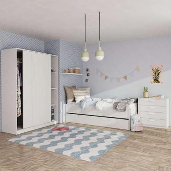 Conjunto de Muebles para Dormitorio Juvenil Contemporáneo Terai (Cama 105 + Armario + Cómoda) Color Blanco Mate