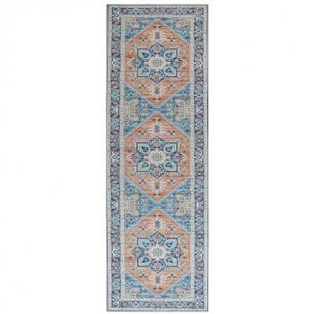 Runner Rug Blue And Orange Polyester 80 x 240 cm Geometric Oriental Pattern Anti-slip Bottom