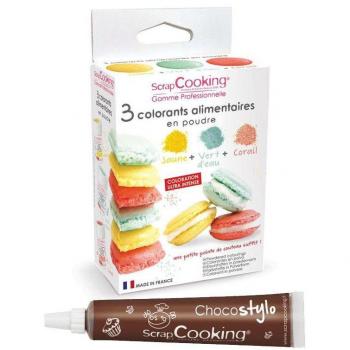 Set di Coloranti Alimentari Verde Marino, Corallo, Giallo + Penna al Cioccolato