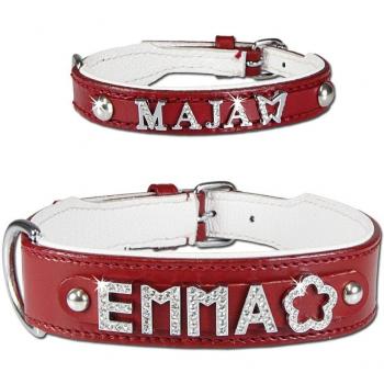 Schecker Lederhalsband „MyName“ – rot, buchstabierbar