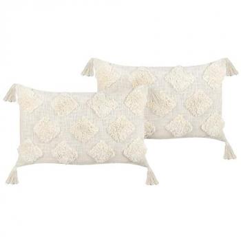 Set of 2 Beige Cotton Cushion Covers 35 x 55 cm with Tassels