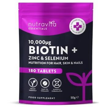 Nutravita Biotin 10,000 mcg with Zinc & Selenium – 180 Vegan Purple Tabs