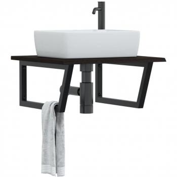 Ripiano a Parete per Lavabo in Acciaio e Legno Massello di Rovere con Supporto