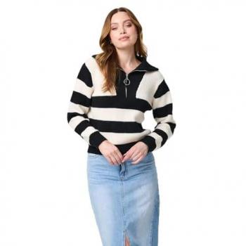Izabel London Women's 1/4 Zip Striped Knit Pullover – White, 16