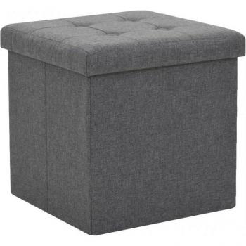Taburete Plegable con Almacenaje en Lino Sintético Gris Oscuro