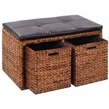 71x40x42 cm Brown Seagrass Bench with Dual Baskets