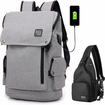 Fengdong Men's Black Waterproof Backpack and Sling Bag Set for School