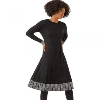 Roman Ribbed Border Knit Dress, Black – 16