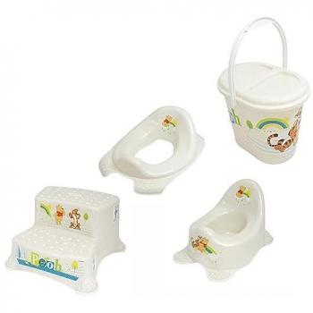 KiNDERWELT Tritthocker 4‑teiliger Set Z Winnie Pooh perlweiß: WC‑Aufsatz, Kindertopf, zweistufiger Hocker + Windeleimer