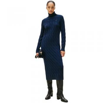 Tommy Hilfiger Soft Wool Cable Roll‑Dress – Dunkelblau, Zopfmuster, 100 % Wolle