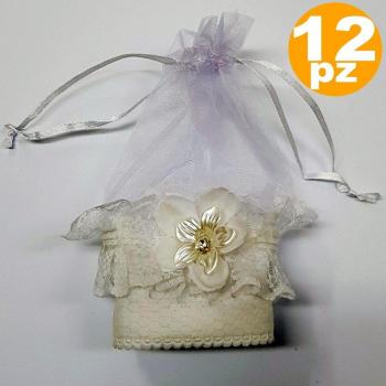 Sacchetto in Organza Bianco con Pizzo e Fiore per Confetti