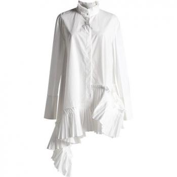 Long Sleeve Asymmetrical Ruffle Blouse with Pleated Hem