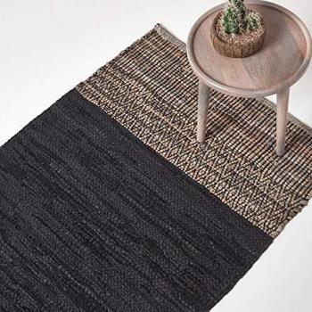 Eco-Friendly Black Recycled Leather Handwoven Herringbone Rug, 90 x 150 cm