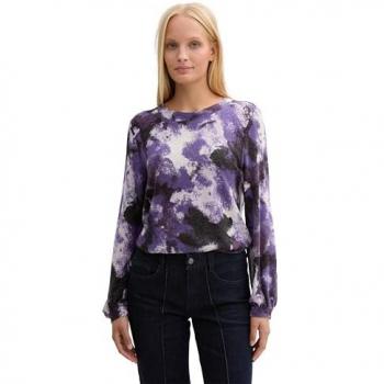 TOM TAILOR Damen Langarmshirt, lila, mit Ballonärmeln, gemustert, Gr. XL