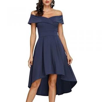 XL Elegant Navy Wedding Dress with High-Low Design – Off-Shoulder
