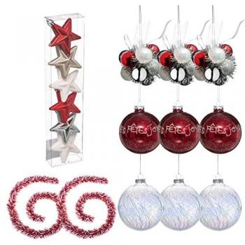 WELLHOME Pack decorativo rojo/plata/blanco: 6 Estrellas de Navidad + 3 Bolas de Cristal 100 mm blanca + 3 Bolas de Cristal 90 mm roja