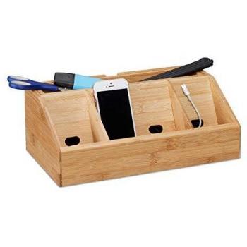 Organizer in Bambù per Scrivania, con Porta Cellulare e Stazione di Ricarica, 5 Scomparti, 11x30x17,5 cm