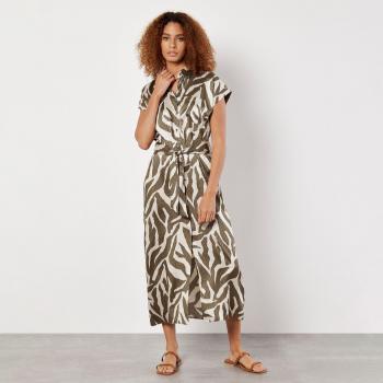 Zebra Pattern Apricot Midi Dress with Tie Detail