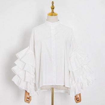 VGH Women's Loose Summer Blouse – Patchwork Ruffles, Stand Collar, Long Sleeves