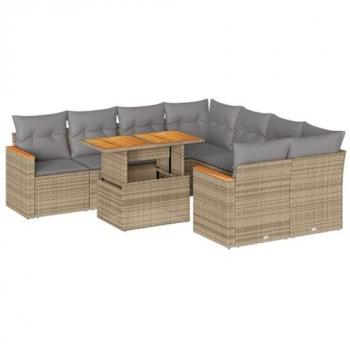 Garden Sofa Set 9 Piece with Cushions Beige Poly Rattan