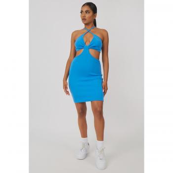 Rib Ruched Bust Cut Out Mini Dress Blue