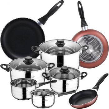 SAN IGNACIO Set Batería de cocina de 8 piezas acero inoxidable + 3 sartenes Ø16/20/24 cm aluminio prensado, aptas para inducción