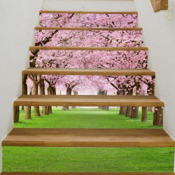 Decoración de Escalera 3D, Pegatinas de Árbol de Flor de Cerezo, 6 Piezas Impermeables