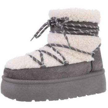 Ital-Design Damen Winterboot – Grau & Beige, flach plateauboden, Modell 87214492