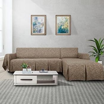 MAXIJIN L Shape Sofa Covers 2 Piece Corner Sofa Cover for Sectional Couch Linen Sofa Slipcover with Ruffles, Reversible Furniture Protector for Dogs (3 Seat and Left Chaise, Coffee)