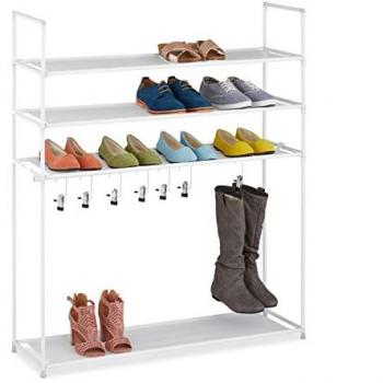 4-Tier Shoe Organizer, Holds 12 Pairs, 7 Hooks for Boots, Metal and Fabric, White