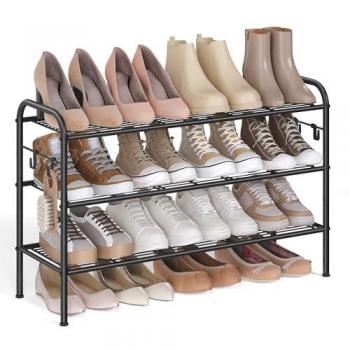 Ink Black Metal Shoe Rack with 4 Hooks, 3 Tier (28 x 85 x 53 cm)