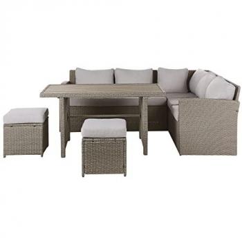Bardi 5 Seater Garden Sofa Set with Table and 2 Ottomans, Grey PE Rattan and Taupe Cushions