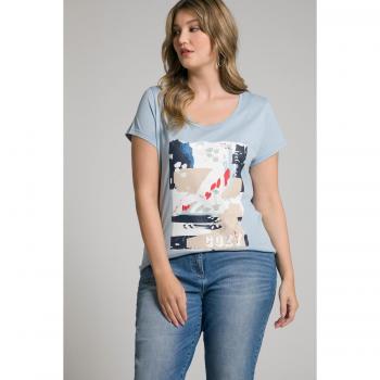 T-shirt blu con motivo, scollo girocollo, mezze maniche, taglia 56/58, cotone e fibre sintetiche