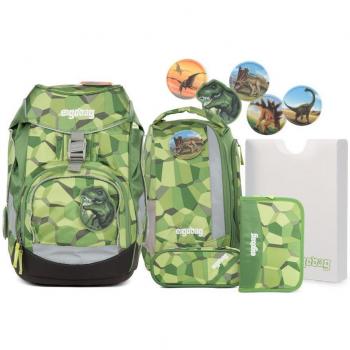 Grüner Bäranusaurus Rex Ergobag Rucksack‑Set – 6 Teile, 9 E6, Stein-Details