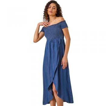 Shirred Denim Maxikleid in Roman Blau