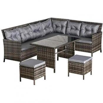 Lawn Patio Furniture Set, 6-Piece Rattan Corner Sofa with Dining Table, Chairs, Coffee Table, and Footstool