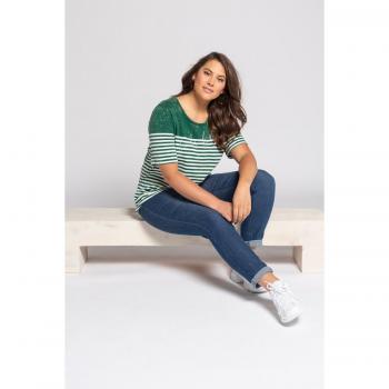 Plus Size Green Batik Stripe Round Neck Tee, Sequin Detail, Size 32/34