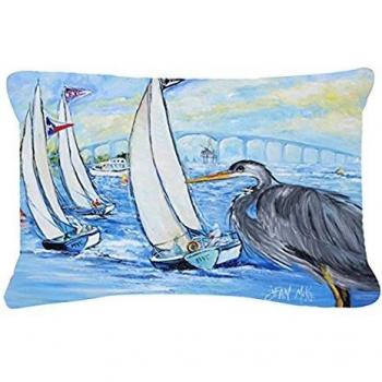 Blue Heron Sailboats Dog River Bridge Canvas Fabric Pillow, 12x16, Multicolor