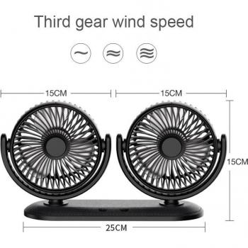 Ventilador de coche pequeño, 12/24V, con doble cabezal y rotación 360