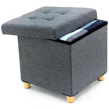 Pouf Imbottito Grigio in Lino con Contenitore Sgabello Baule Versatile