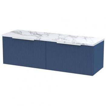 Satin Blue Fluted Wall Hung 1200mm Vanity Unit with Carrera Marble Worktop and Soft Close Drawers