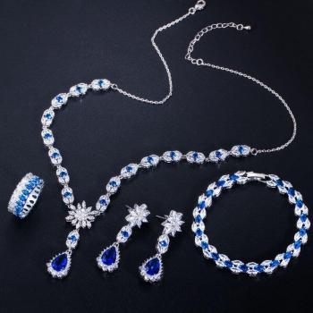 CWWZircons 4 Pcs Blue Cubic Zircon Flower Necklace Earring Bracelet Ring Set